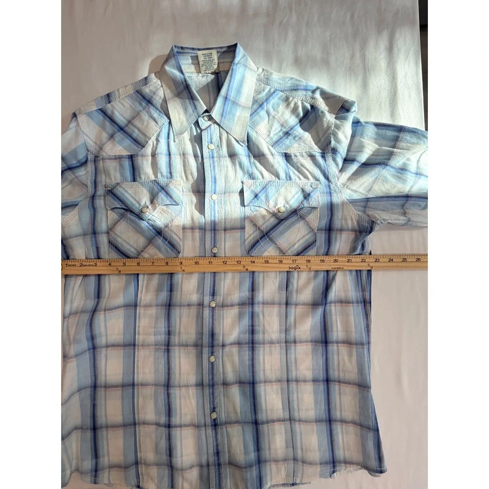 True Religion Mens Western Shirt Blue XXL Plaid Pearl Snap Long Sleeve Cotton